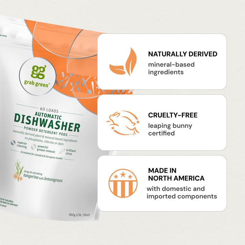 Grab Green Automatic Dishwashing Detergent Pods, 24 Count, Tangerine Lemongrass Scent, Plant and Mineral Based, Superior Cleaning, Powerful Grease Removal, Brilliant Shine - Image 3